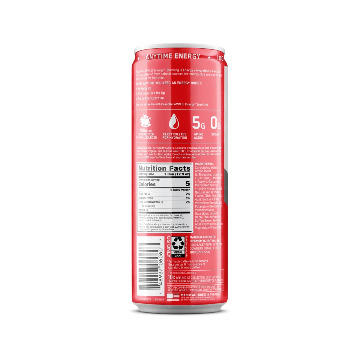 12 Pack Optimum Nutrition Amino Energy Sparkling Hydration Drink, Sugar Free, Juicy Strawberry, 12 Fl Oz - Electrolytes, Caffeine, Amino Acids, BCAAs