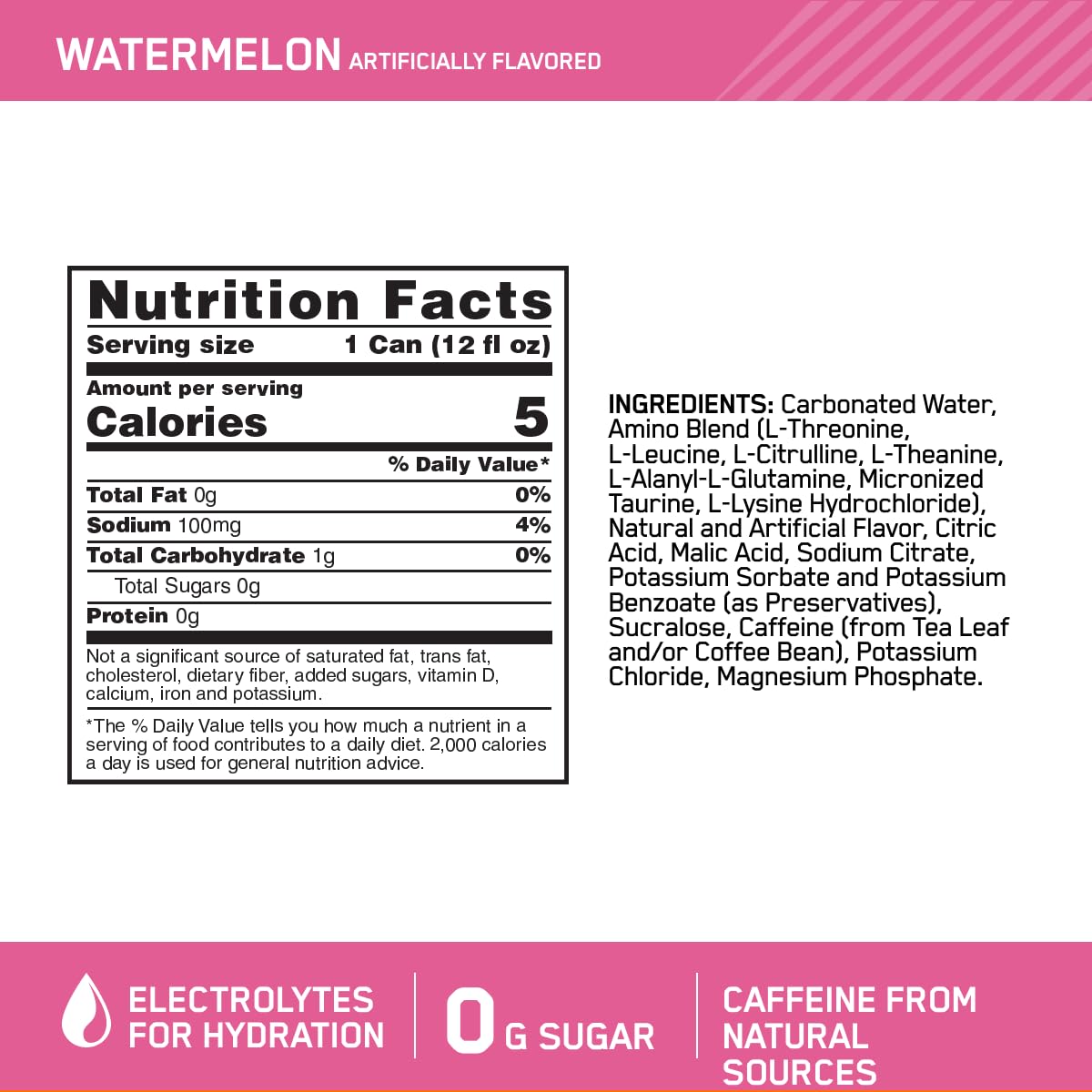12-Pack Optimum Nutrition Amino Energy Sparkling Hydration Drink, Watermelon Flavor - Electrolytes, Caffeine, Amino Acids, BCAAs - Sugar-Free