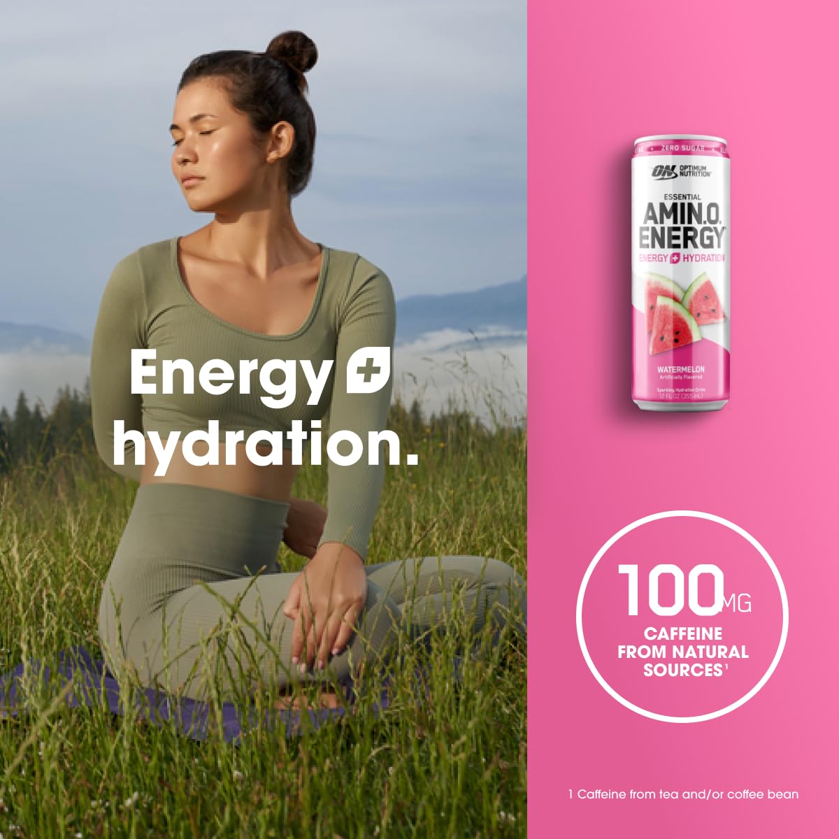 12-Pack Optimum Nutrition Amino Energy Sparkling Hydration Drink, Watermelon Flavor - Electrolytes, Caffeine, Amino Acids, BCAAs - Sugar-Free