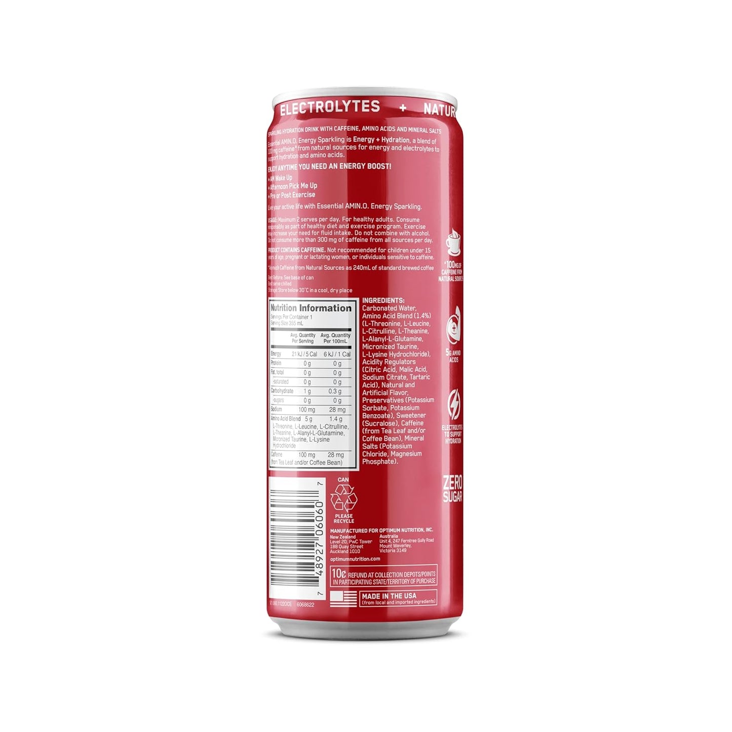 12 Pack Optimum Nutrition Amino Energy Sparkling Hydration Drink, Sugar Free, Juicy Strawberry, 12 Fl Oz - Electrolytes, Caffeine, Amino Acids, BCAAs