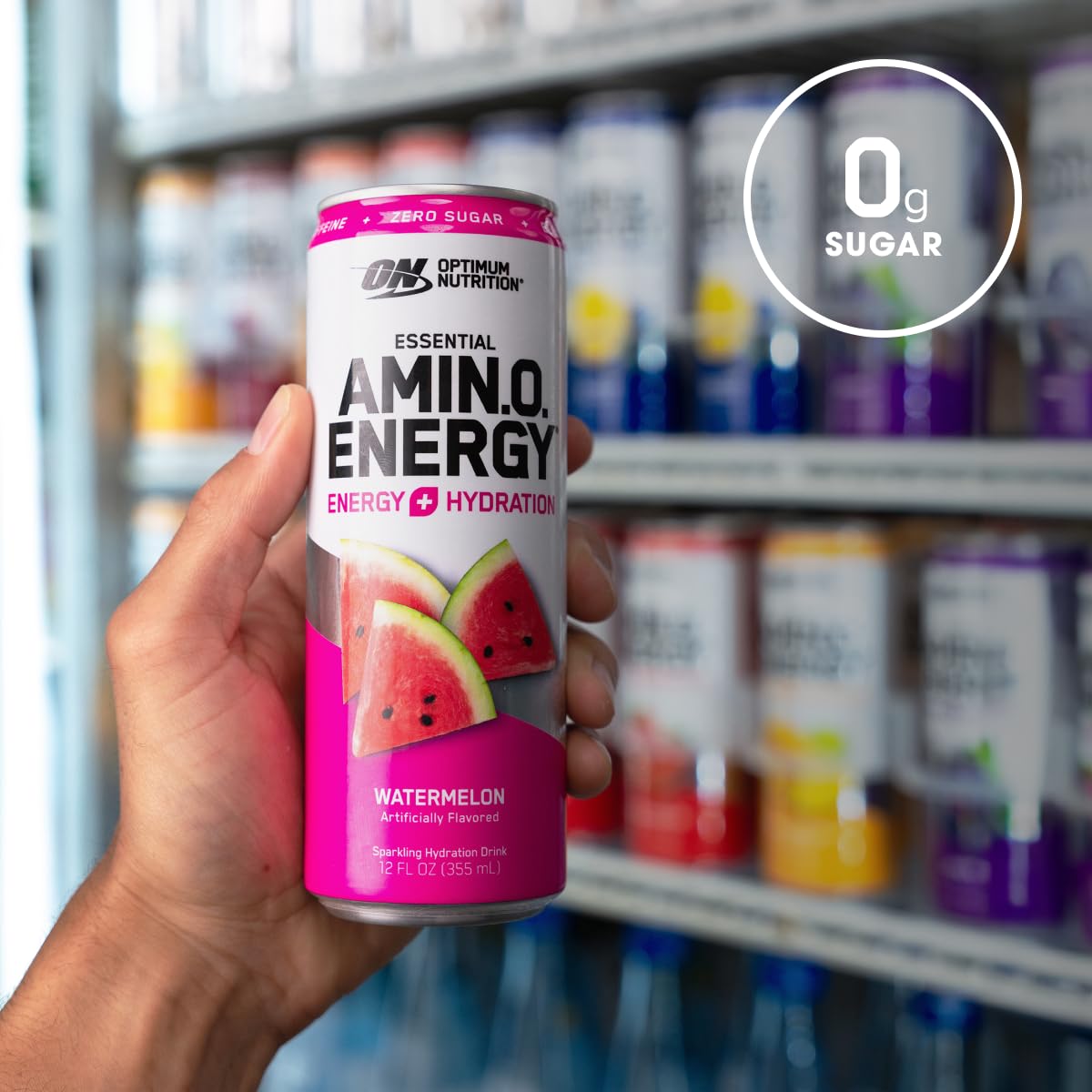 12-Pack Optimum Nutrition Amino Energy Sparkling Hydration Drink, Watermelon Flavor - Electrolytes, Caffeine, Amino Acids, BCAAs - Sugar-Free