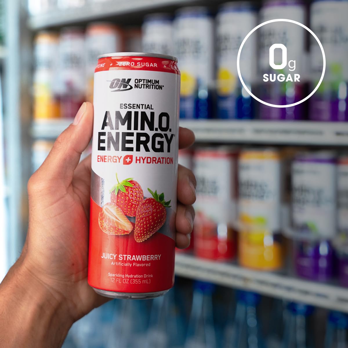 12 Pack Optimum Nutrition Amino Energy Sparkling Hydration Drink, Sugar Free, Juicy Strawberry, 12 Fl Oz - Electrolytes, Caffeine, Amino Acids, BCAAs