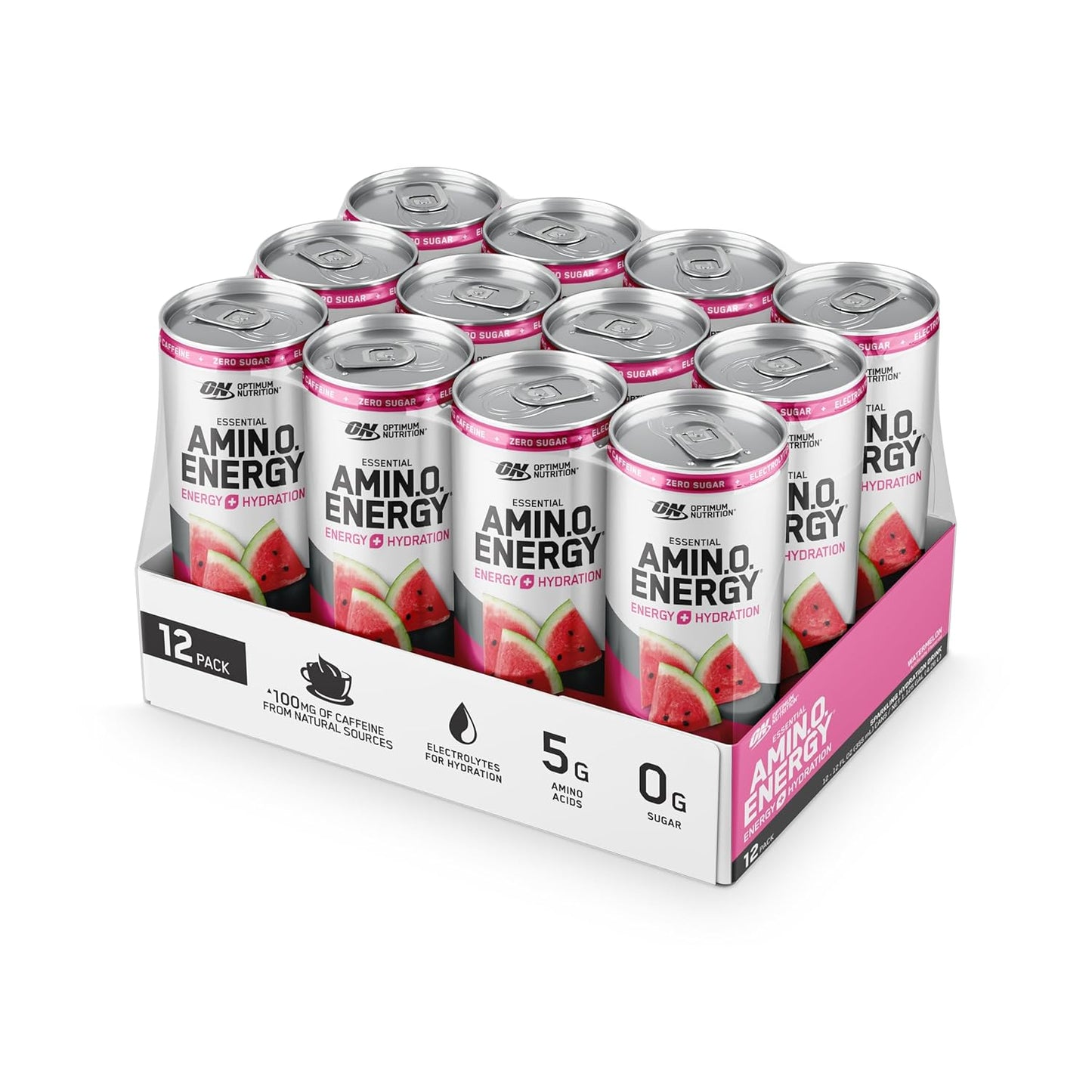12-Pack Optimum Nutrition Amino Energy Sparkling Hydration Drink, Watermelon Flavor - Electrolytes, Caffeine, Amino Acids, BCAAs - Sugar-Free