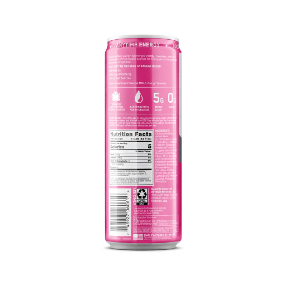 12-Pack Optimum Nutrition Amino Energy Sparkling Hydration Drink, Watermelon Flavor - Electrolytes, Caffeine, Amino Acids, BCAAs - Sugar-Free