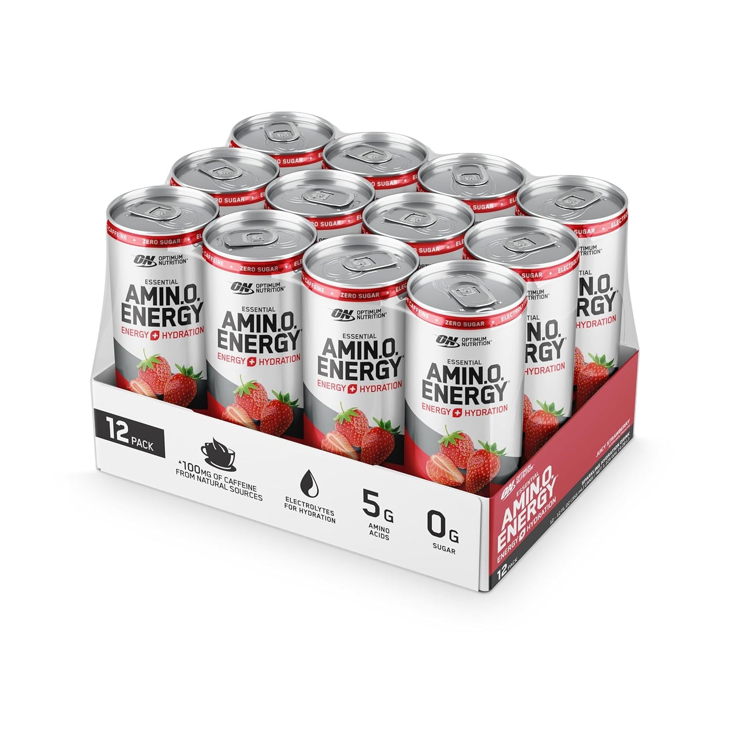 12 Pack Optimum Nutrition Amino Energy Sparkling Hydration Drink, Sugar Free, Juicy Strawberry, 12 Fl Oz - Electrolytes, Caffeine, Amino Acids, BCAAs