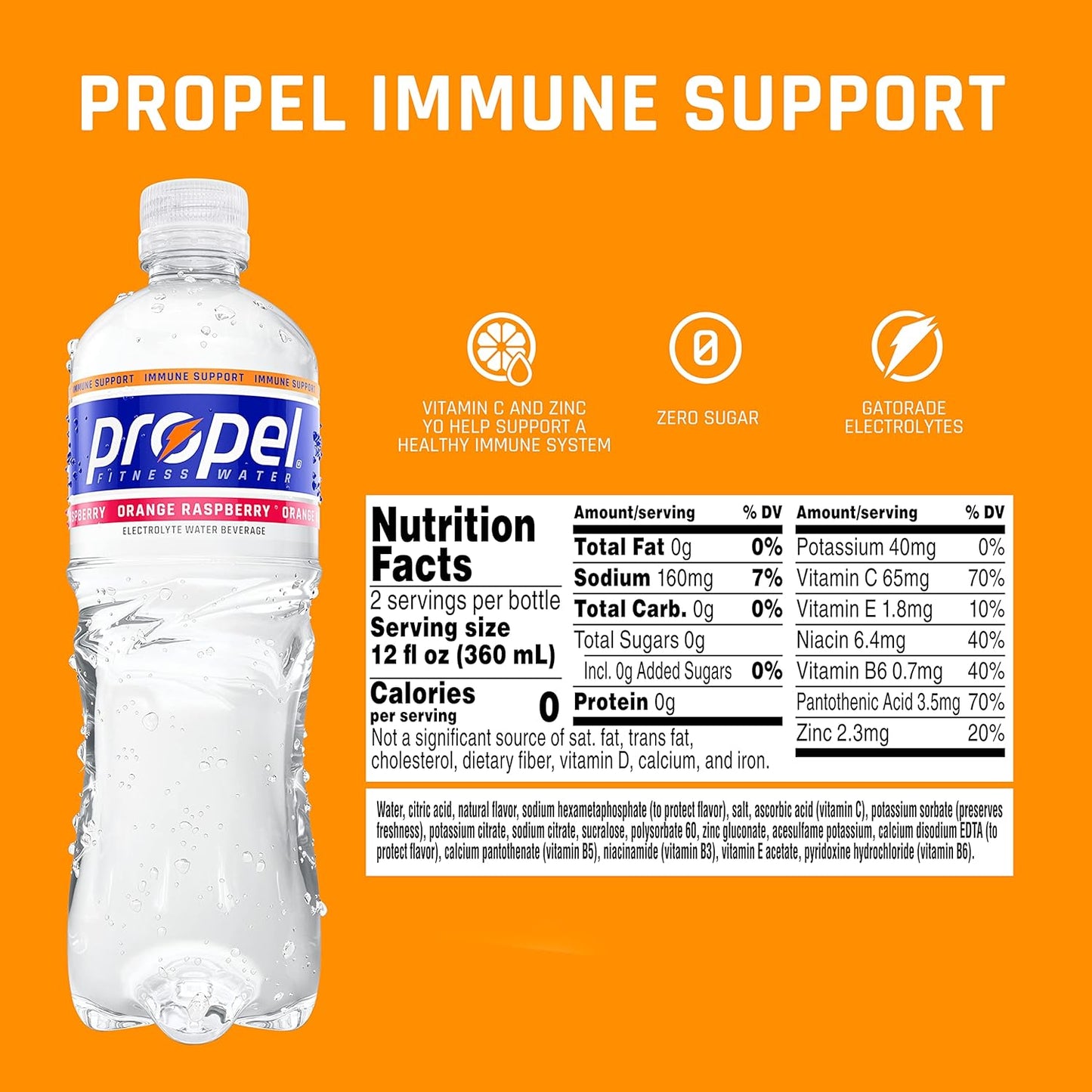 12 Pack Propel Orange Raspberry 24oz Bottles with Vitamin C + Zinc for Immune Support