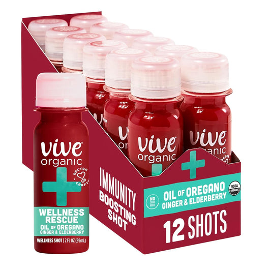 12-Pack Vive Organic Immune Support Shot with Cold-Pressed Ginger, Elderberry, & Oil of Oregano - Vegan & Gluten-Free