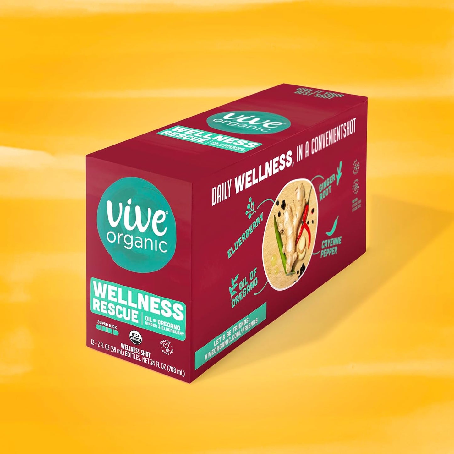 12-Pack Vive Organic Immune Support Shot with Cold-Pressed Ginger, Elderberry, & Oil of Oregano - Vegan & Gluten-Free