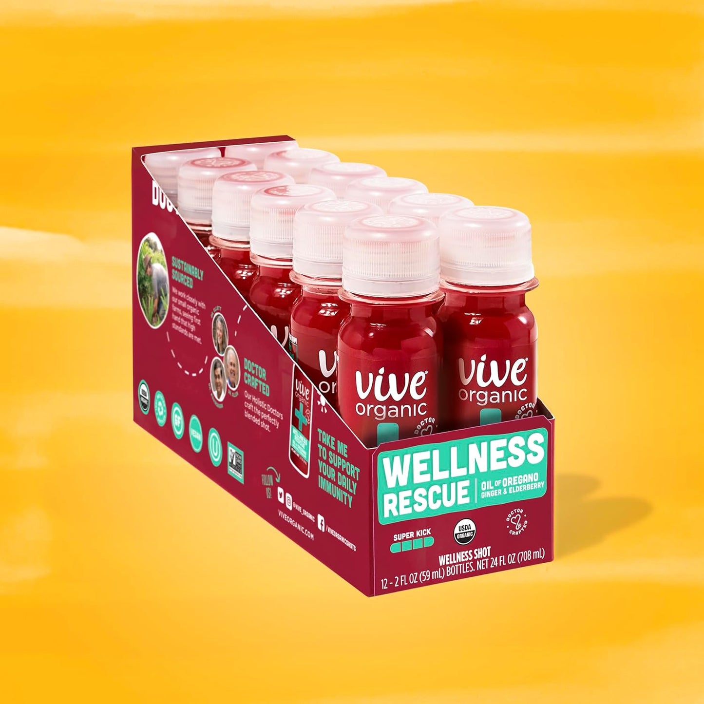 12-Pack Vive Organic Immune Support Shot with Cold-Pressed Ginger, Elderberry, & Oil of Oregano - Vegan & Gluten-Free