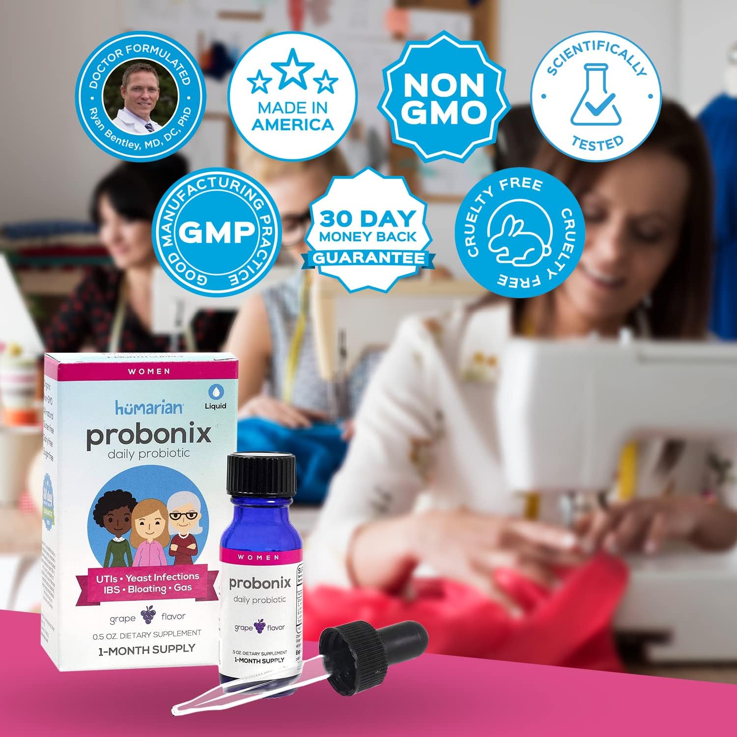 12-Strain Women's Probiotic Drops - Grape Flavored Liquid Probiotics for Gut Health - 45 Billion CFUs - 30-Day Supply