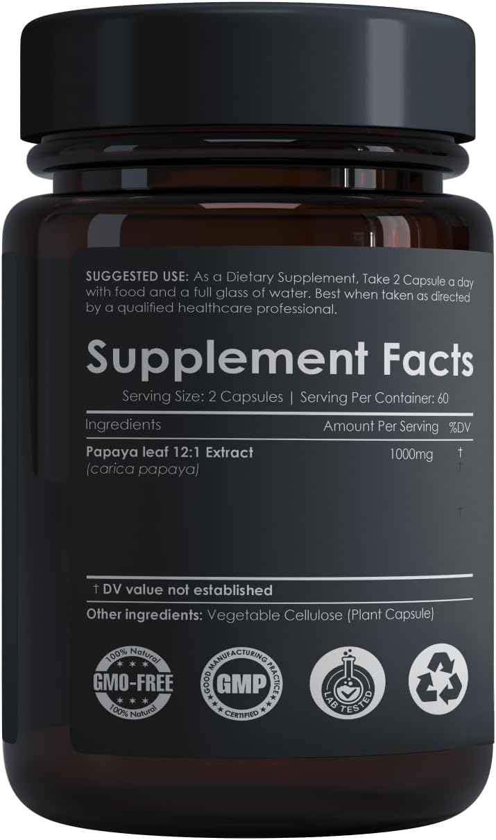120 Ayorish Papaya Leaf Extract Capsules - 60 Day Supply | Non GMO & Gluten Free - 12:1 Concentration