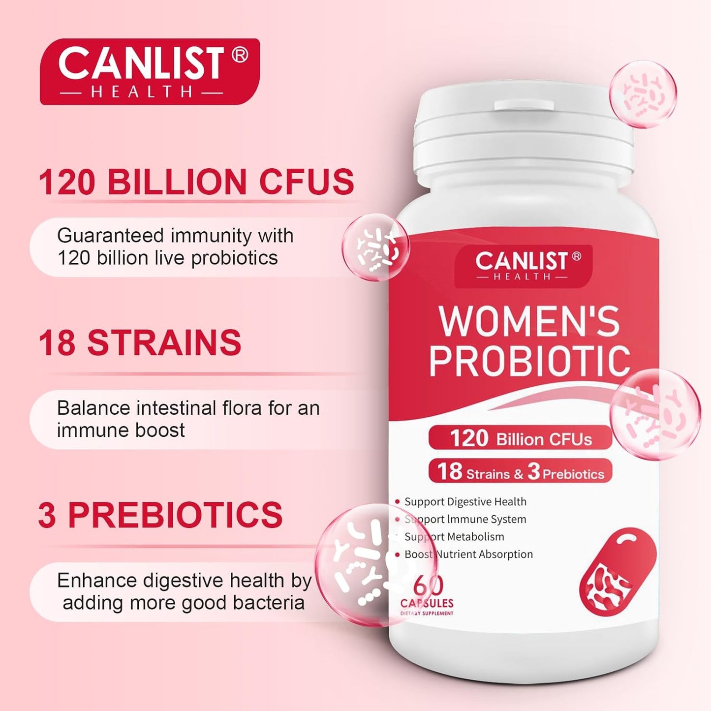 120 Billion CFU Women's Probiotic with 18 Strains, 3 Prebiotics, Digestive Enzymes, Cranberry - Organic, Non-GMO, Soy Free