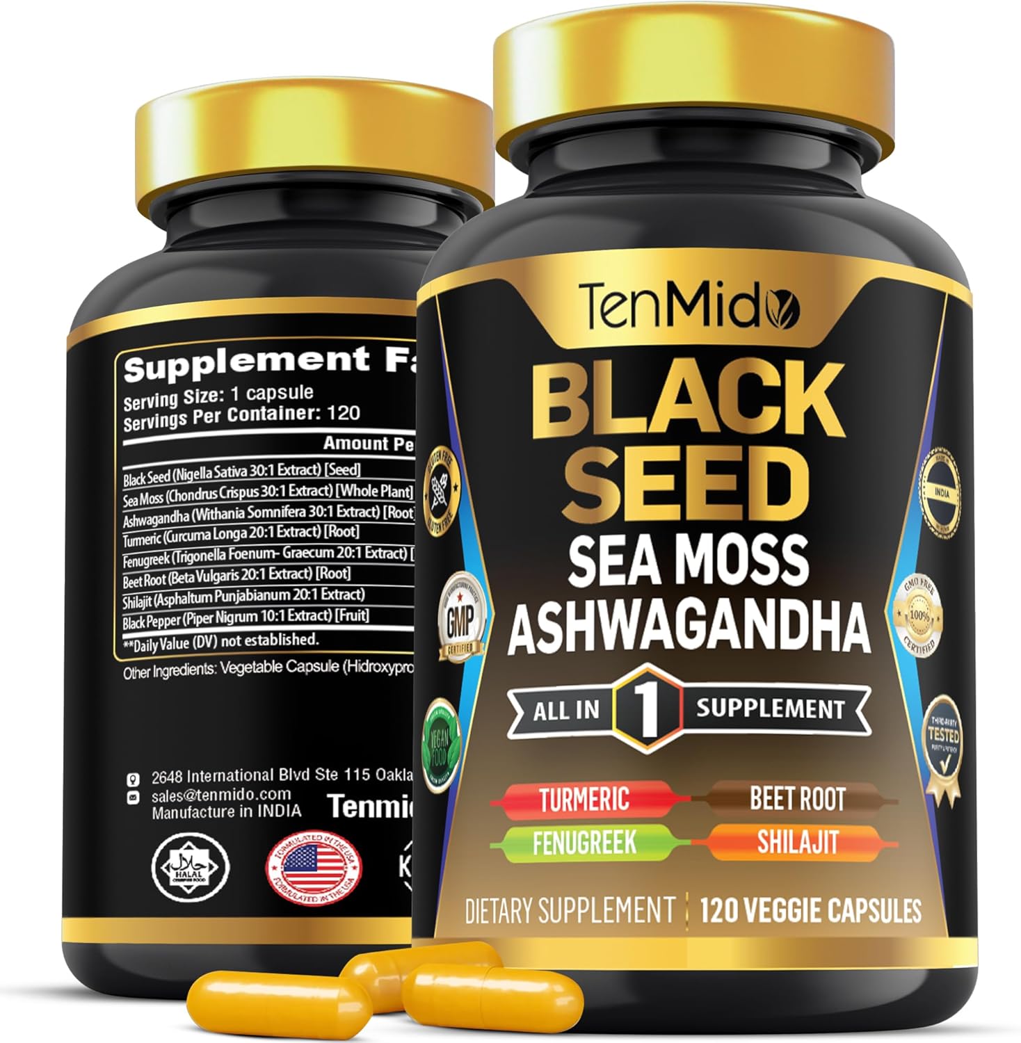 120 Black Seed Supplement Capsules with 8 Superfood Ingredients - Organic 8in1 Formula with Sea Moss, Ashwagandha, Turmeric, Fenugreek, Beet Root, Shilajit, and Black Pepper - Vegan and 4 Months Supply