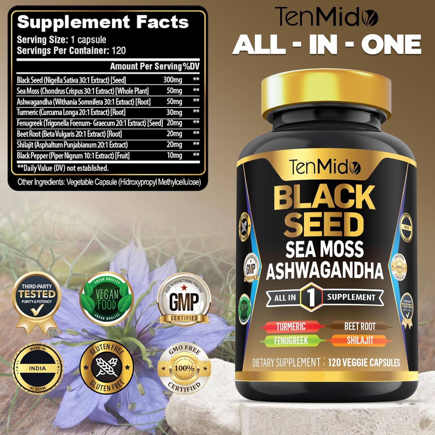 120 Black Seed Supplement Capsules with 8 Superfood Ingredients - Organic 8in1 Formula with Sea Moss, Ashwagandha, Turmeric, Fenugreek, Beet Root, Shilajit, and Black Pepper - Vegan and 4 Months Supply