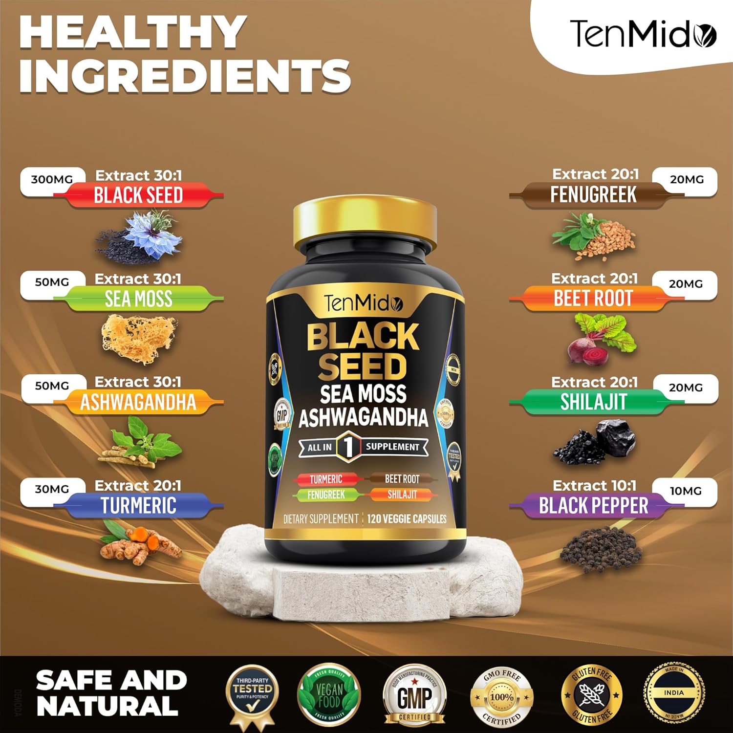 120 Black Seed Supplement Capsules with 8 Superfood Ingredients - Organic 8in1 Formula with Sea Moss, Ashwagandha, Turmeric, Fenugreek, Beet Root, Shilajit, and Black Pepper - Vegan and 4 Months Supply