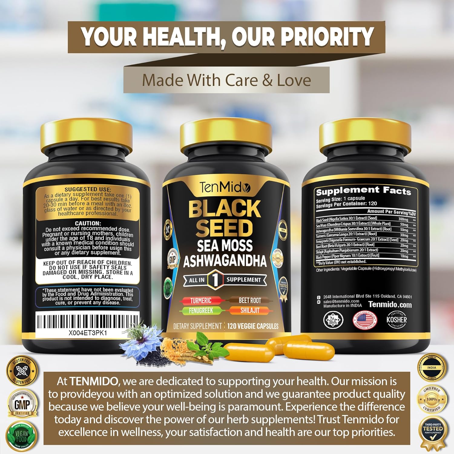 120 Black Seed Supplement Capsules with 8 Superfood Ingredients - Organic 8in1 Formula with Sea Moss, Ashwagandha, Turmeric, Fenugreek, Beet Root, Shilajit, and Black Pepper - Vegan and 4 Months Supply