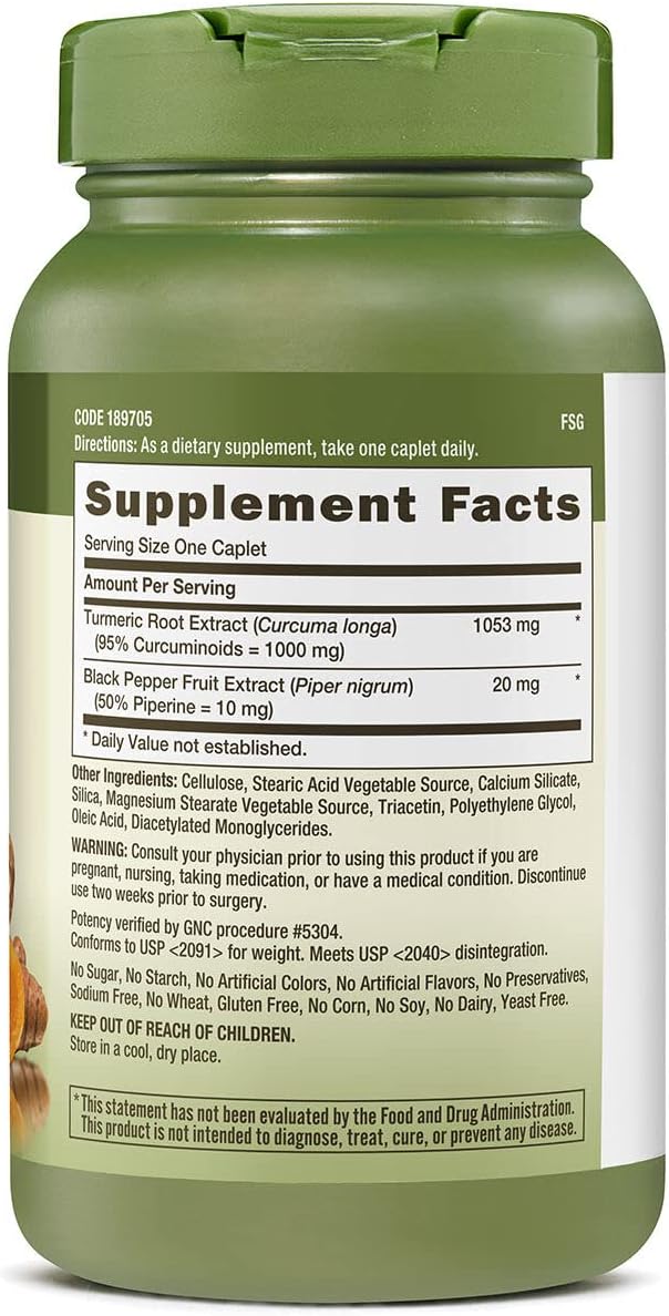 120 Caplets of GNC Herbal Plus Turmeric Curcumin 1000mg Extra Strength for Antioxidant Support