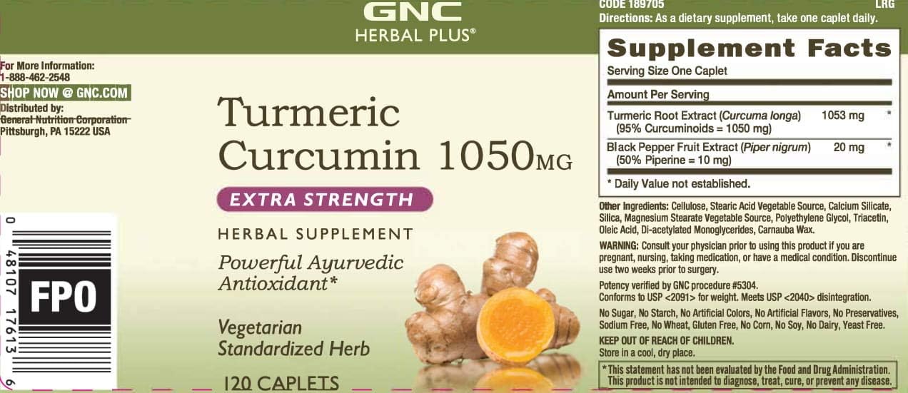120 Caplets of GNC Herbal Plus Turmeric Curcumin 1000mg Extra Strength for Antioxidant Support