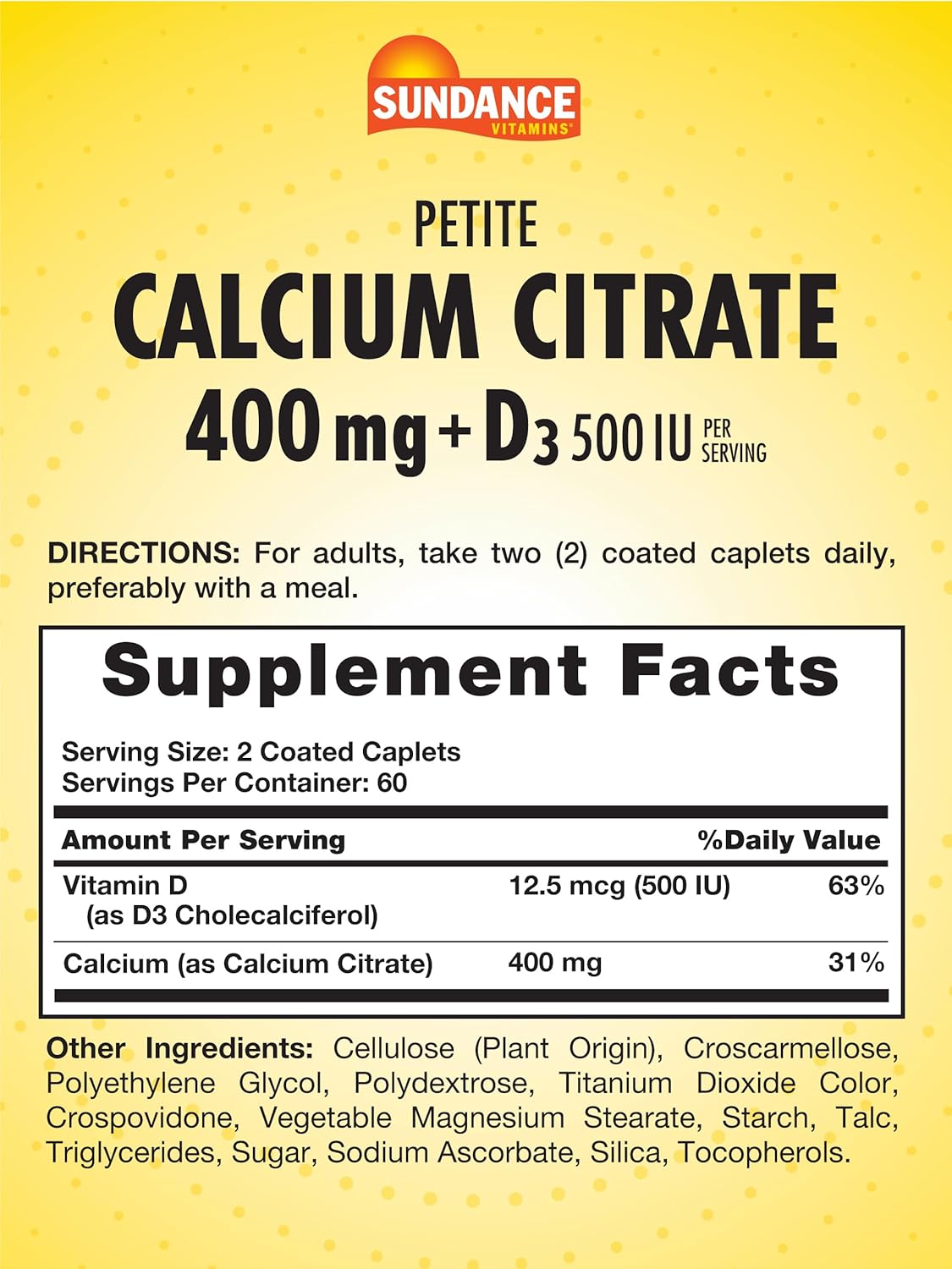120 Caplets of Sundance Calcium Citrate 400mg with Vitamin D3 - Vegetarian, Non-GMO, Gluten Free Supplement