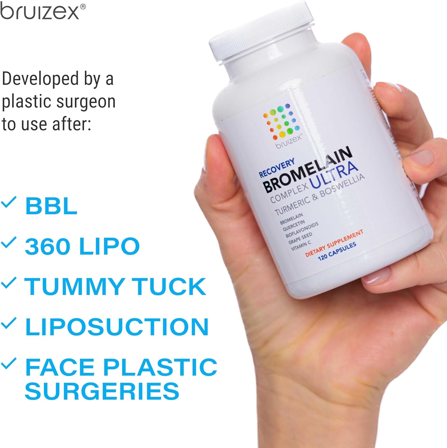 120 Capsules Bruizex Ultra Bromelain and Quercetin Supplement for Bruising, Trauma Recovery, and Swelling after Surgery with Turmeric and Boswellia