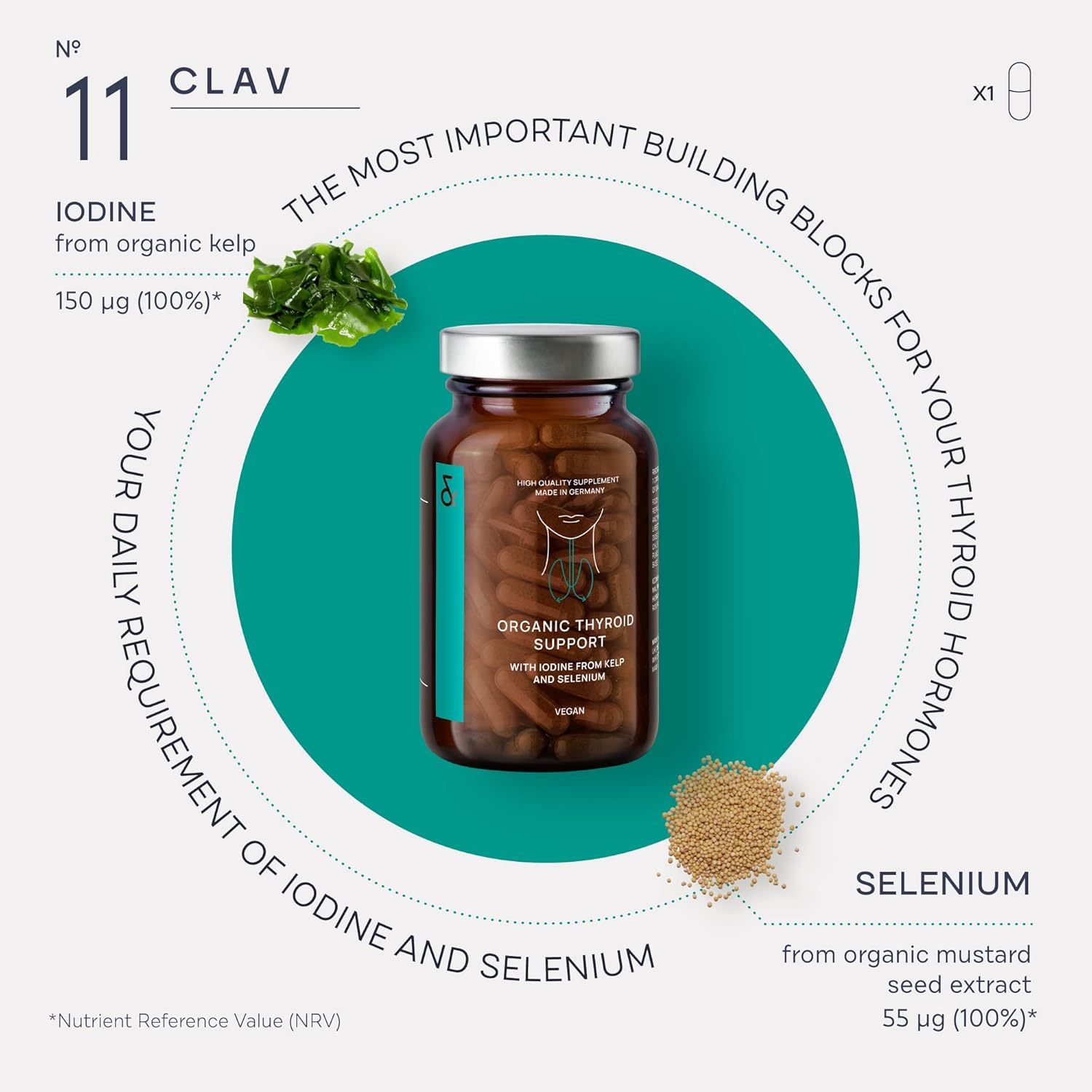 120 Capsules CLAV Organic Thyroid Support Supplement with Iodine & Selenium - Natural Men & Women Vegan Gluten Free