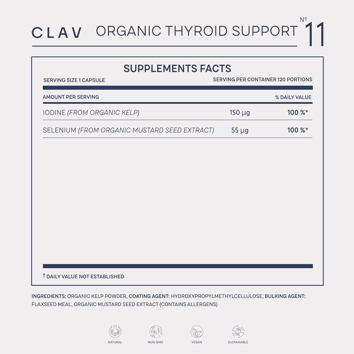 120 Capsules CLAV Organic Thyroid Support Supplement with Iodine & Selenium - Natural Men & Women Vegan Gluten Free