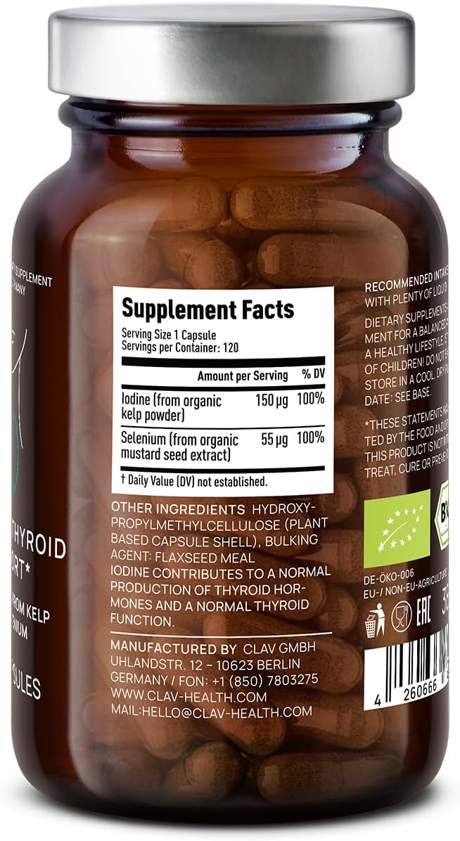 120 Capsules CLAV Organic Thyroid Support Supplement with Iodine & Selenium - Natural Men & Women Vegan Gluten Free