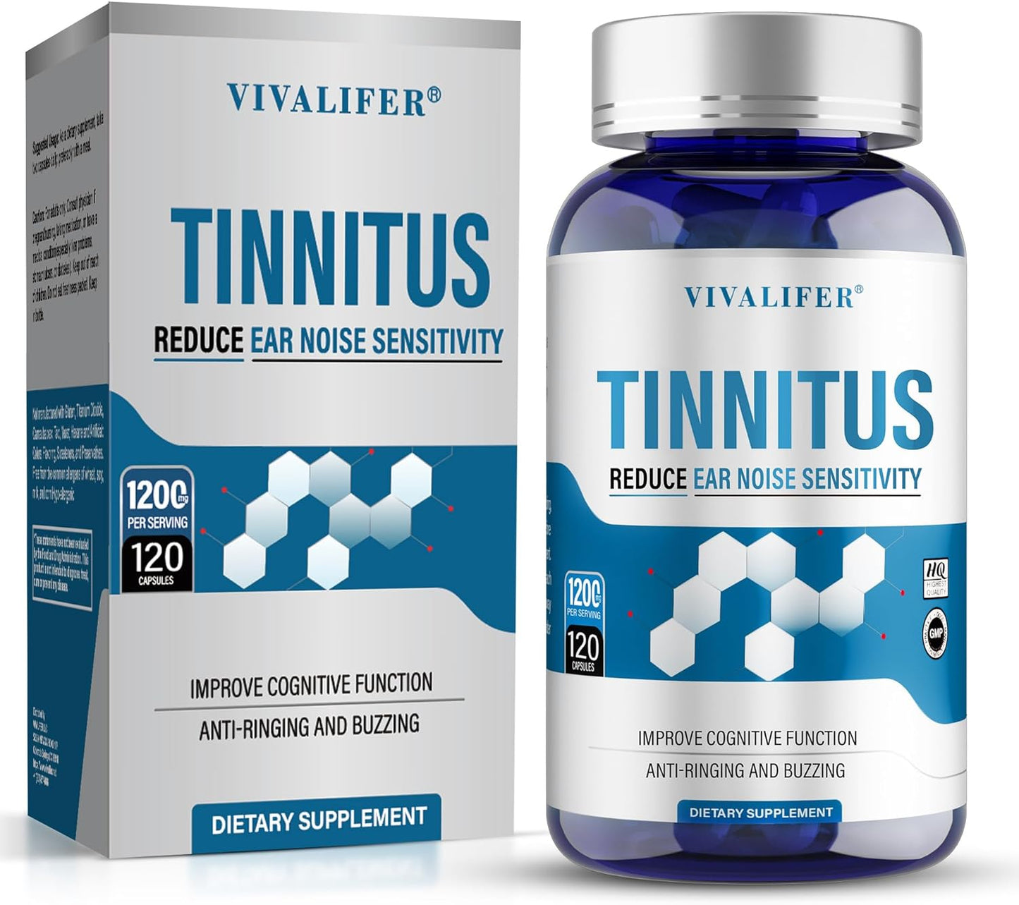 120 Capsules of DQQI Tinnitus Relief Supplement - Supports Hearing & Reduces Ringing - Ear Pain Relief for Tinnitus Symptoms - 60-Day Supply