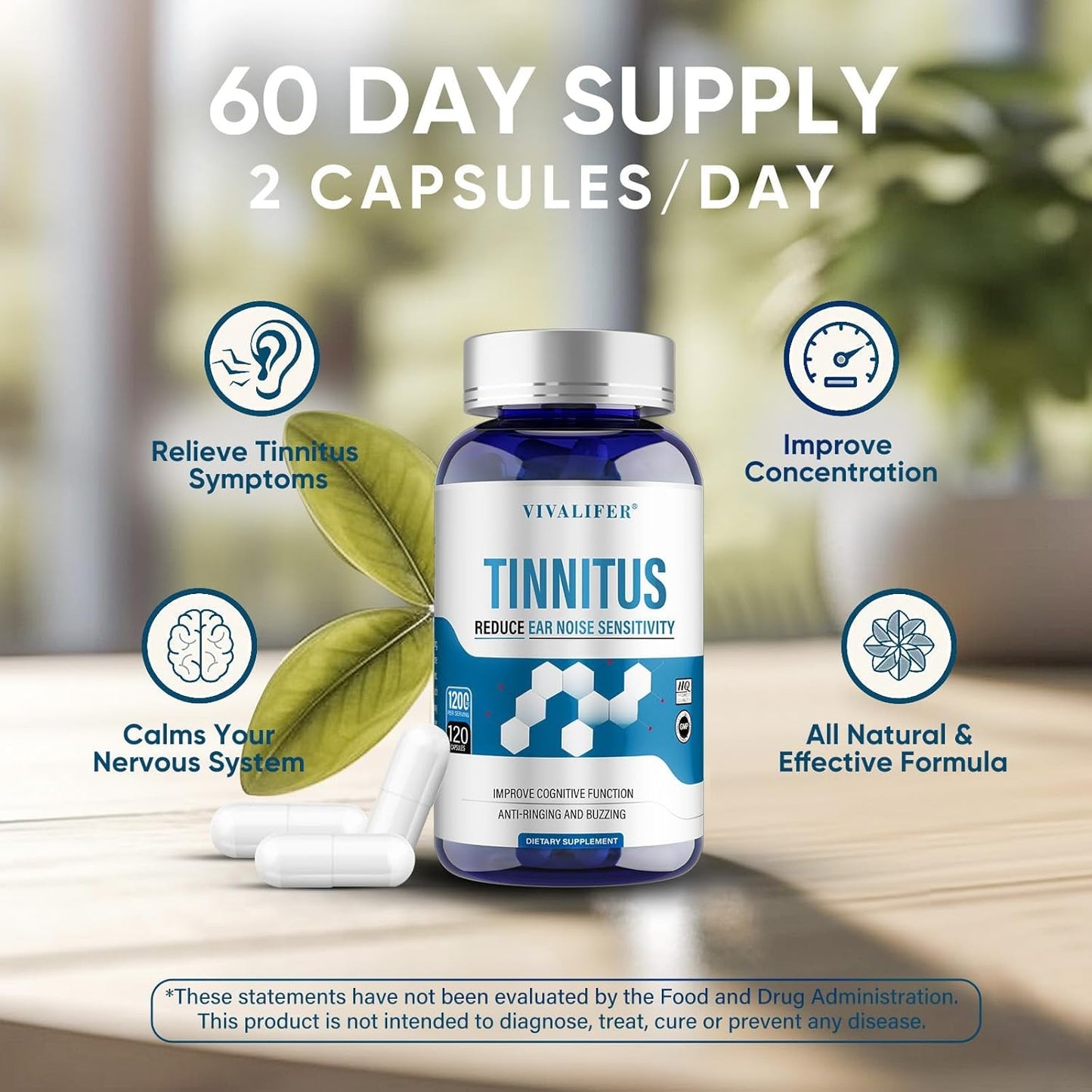 120 Capsules of DQQI Tinnitus Relief Supplement - Supports Hearing & Reduces Ringing - Ear Pain Relief for Tinnitus Symptoms - 60-Day Supply