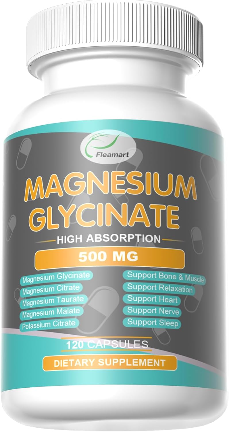 120 Capsules of Fleamart Magnesium Glycinate 500mg - Sleep, Heart, Nerve, Bone, Muscle Support - Relaxation Supplement
