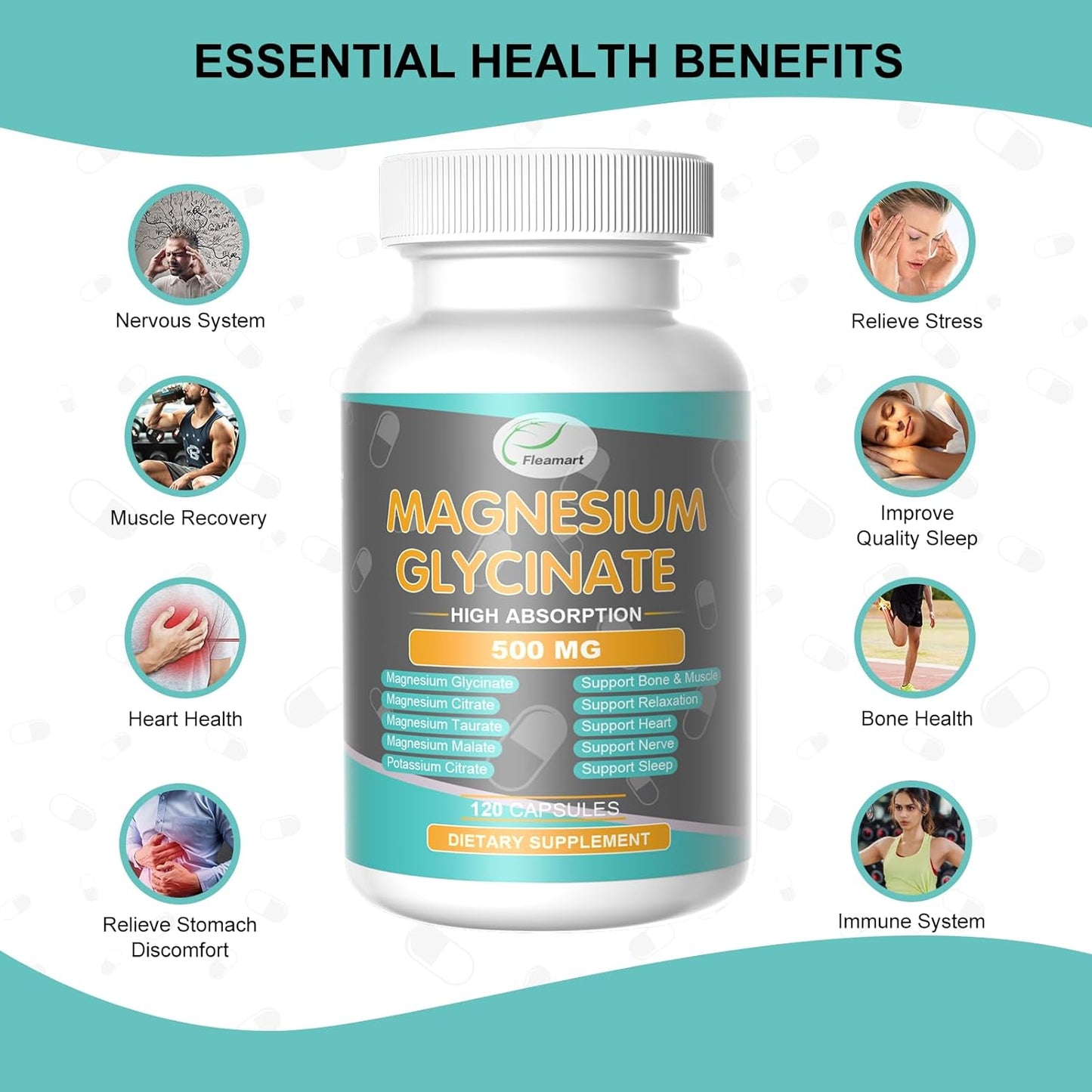 120 Capsules of Fleamart Magnesium Glycinate 500mg - Sleep, Heart, Nerve, Bone, Muscle Support - Relaxation Supplement