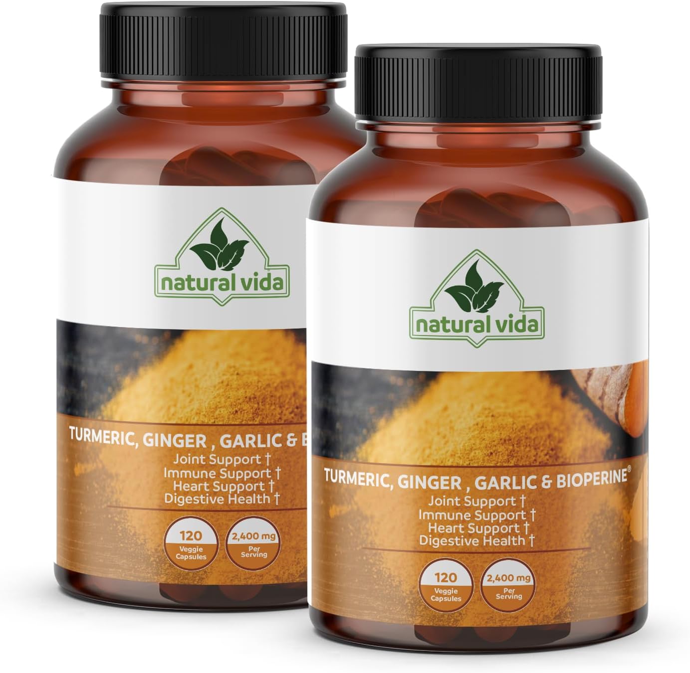 120 Capsules of Natural Vida 4-in-1 Turmeric Garlic Ginger with Bioperine - 2,400 mg - Curcumin with Black Pepper - Joint, Digestion, Immune Support