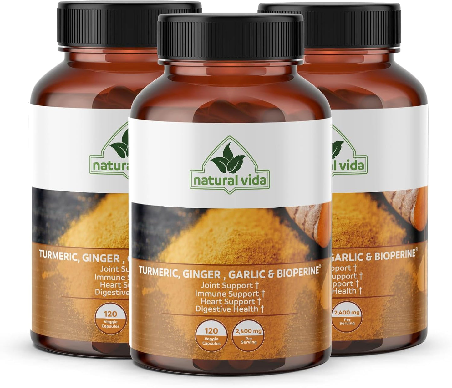 120 Capsules of Natural Vida 4-in-1 Turmeric Garlic Ginger with Bioperine - 2,400 mg - Curcumin with Black Pepper - Joint, Digestion, Immune Support