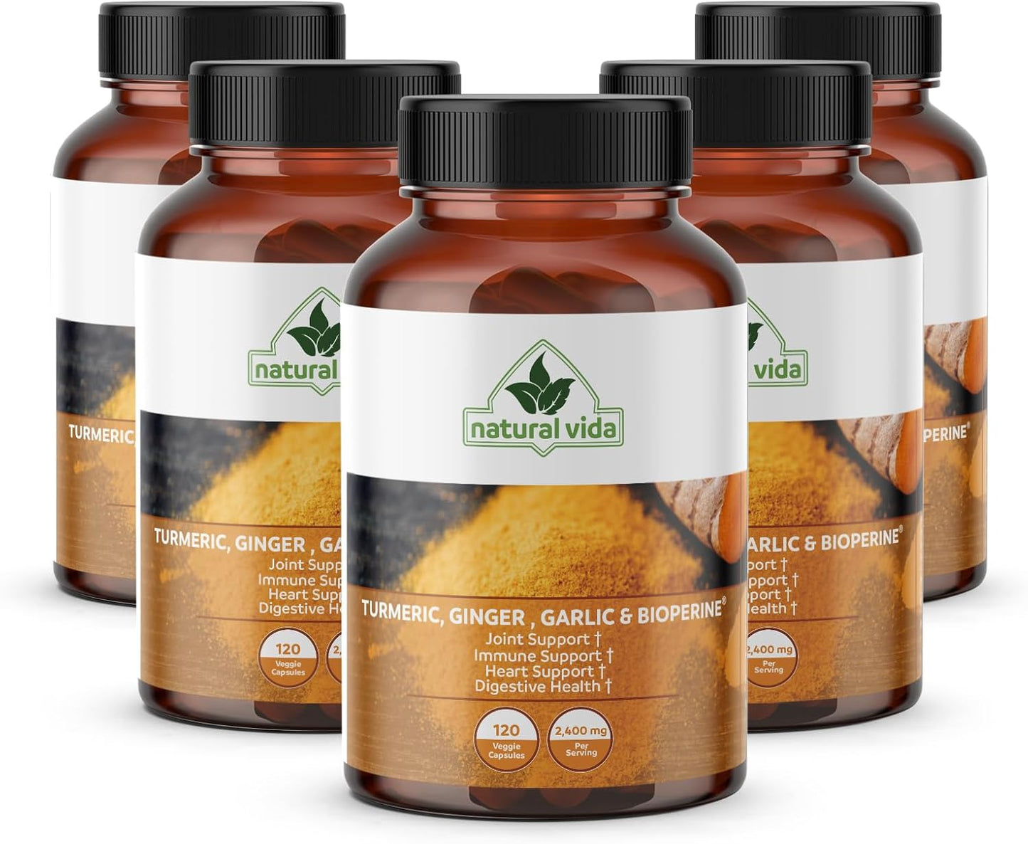 120 Capsules of Natural Vida 4-in-1 Turmeric Garlic Ginger with Bioperine - 2,400 mg - Curcumin with Black Pepper - Joint, Digestion, Immune Support