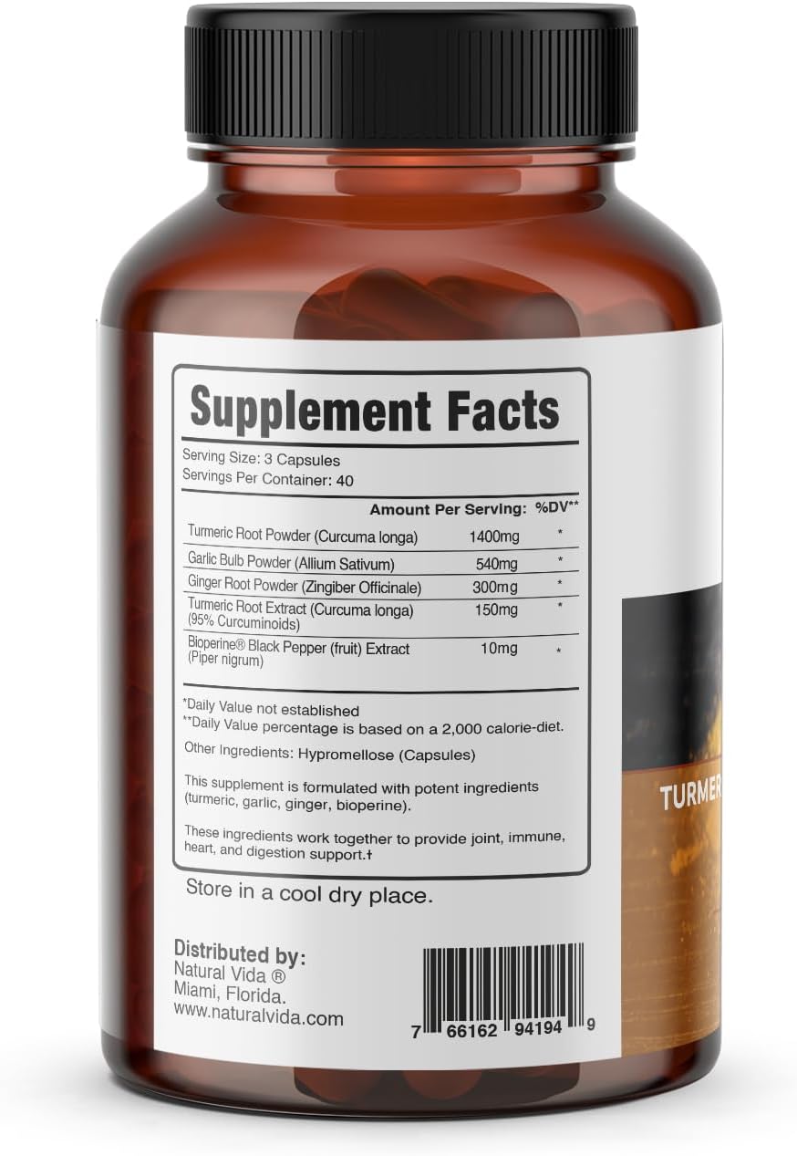 120 Capsules of Natural Vida 4-in-1 Turmeric Garlic Ginger with Bioperine - 2,400 mg - Curcumin with Black Pepper - Joint, Digestion, Immune Support