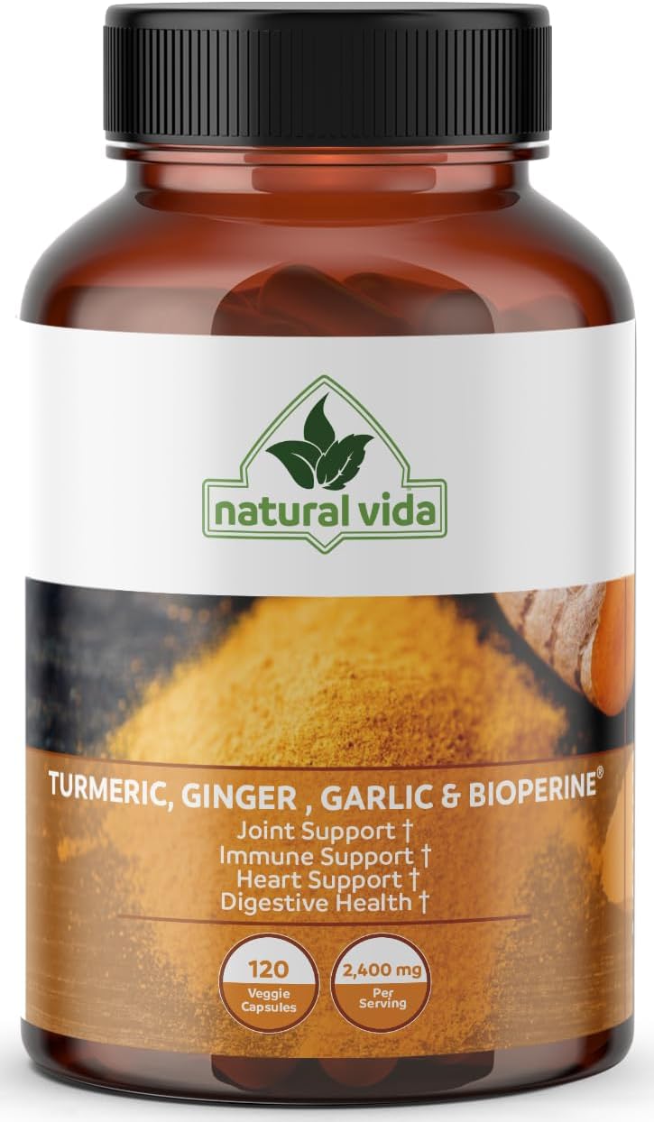 120 Capsules of Natural Vida 4-in-1 Turmeric Garlic Ginger with Bioperine - 2,400 mg - Curcumin with Black Pepper - Joint, Digestion, Immune Support
