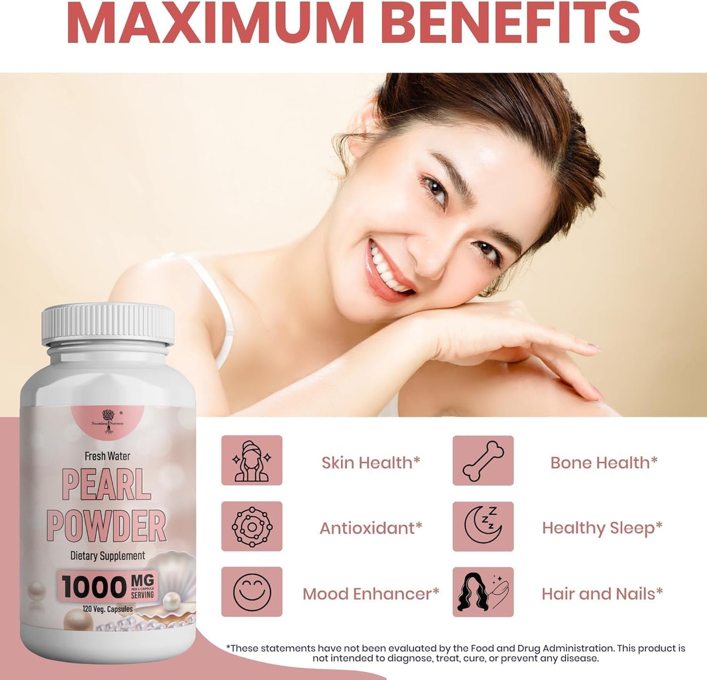 120 Capsules of Nourishing Pearl Powder Supplement for Skin Health - Anti-Aging, Antioxidant, Collagen Production - Supports Immunity, Mood, Sleep - With Calcium, Amino Acids - Healthy Eyes, Hair, Nails