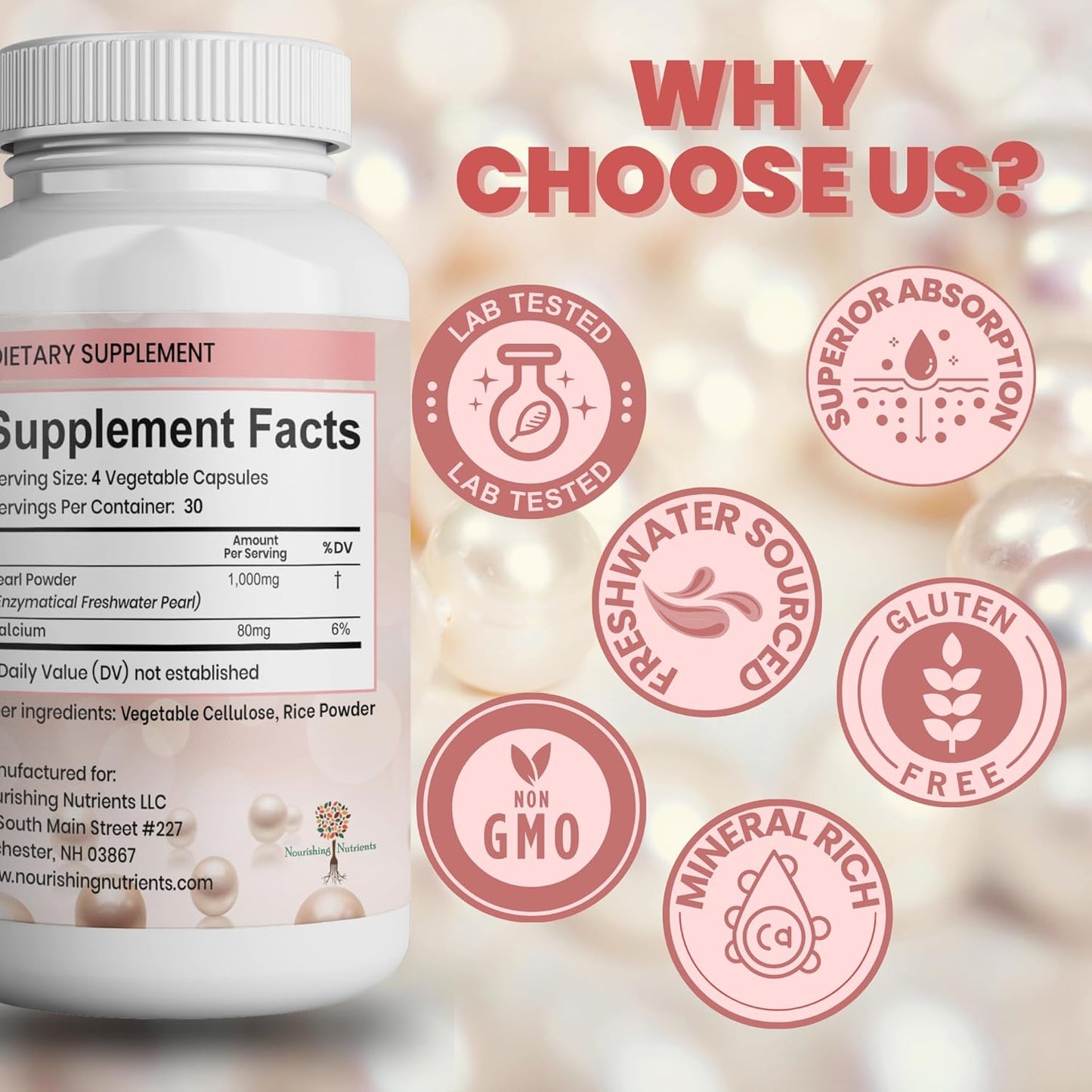 120 Capsules of Nourishing Pearl Powder Supplement for Skin Health - Anti-Aging, Antioxidant, Collagen Production - Supports Immunity, Mood, Sleep - With Calcium, Amino Acids - Healthy Eyes, Hair, Nails