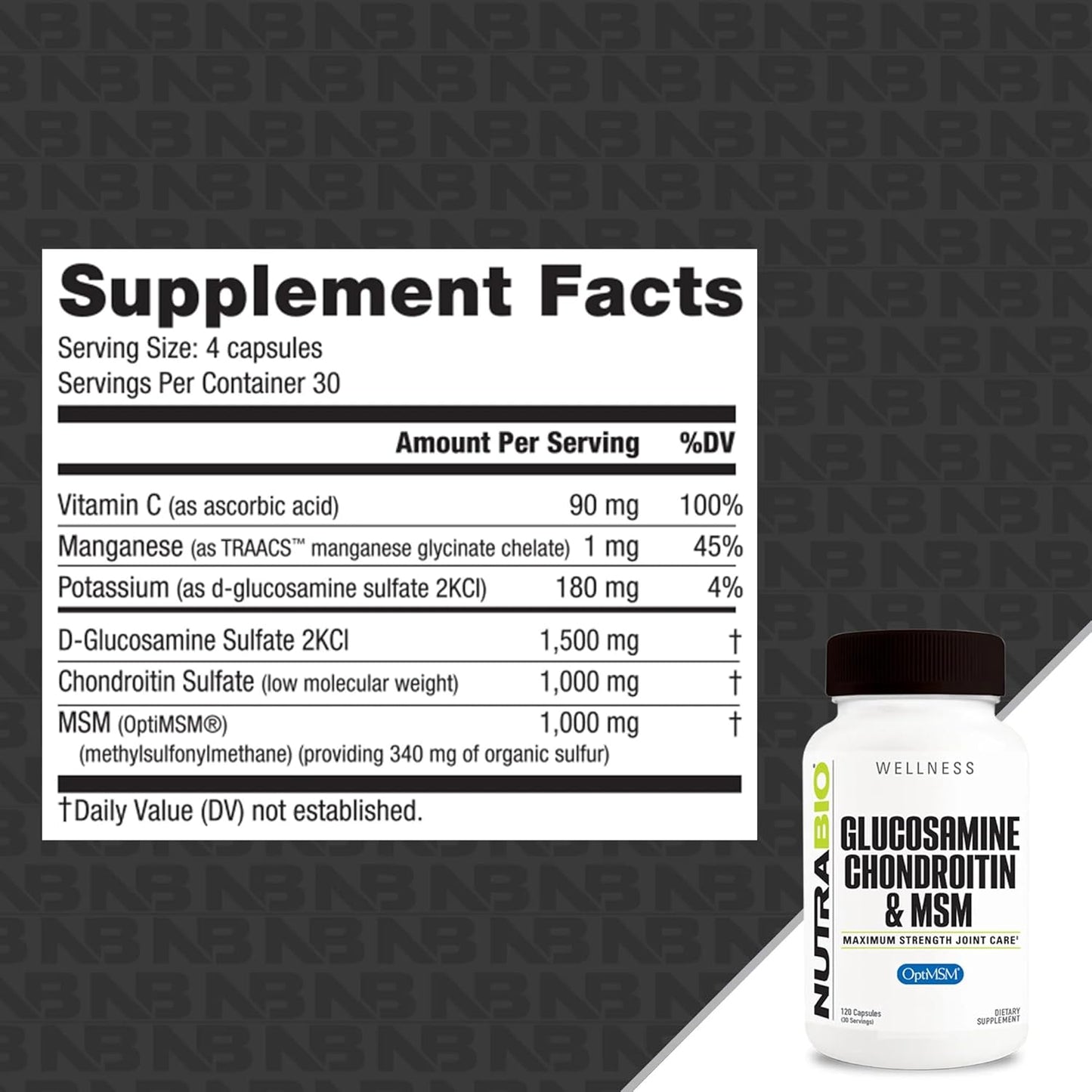 120 Capsules of NutraBio Glucosamine Chondroitin & OptiMSM Supplement for Joint Support