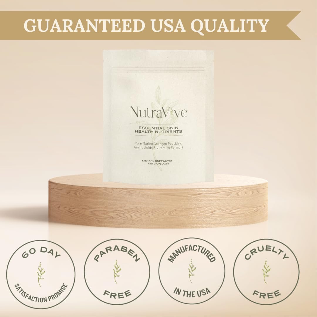120 Capsules of NutraVive Marine Collagen Peptides for Skin Health & Elasticity - Amino Acids & Vitamins for Firm, Hydrated Skin with Reduced Wrinkles