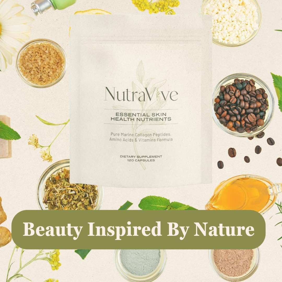 120 Capsules of NutraVive Marine Collagen Peptides for Skin Health & Elasticity - Amino Acids & Vitamins for Firm, Hydrated Skin with Reduced Wrinkles