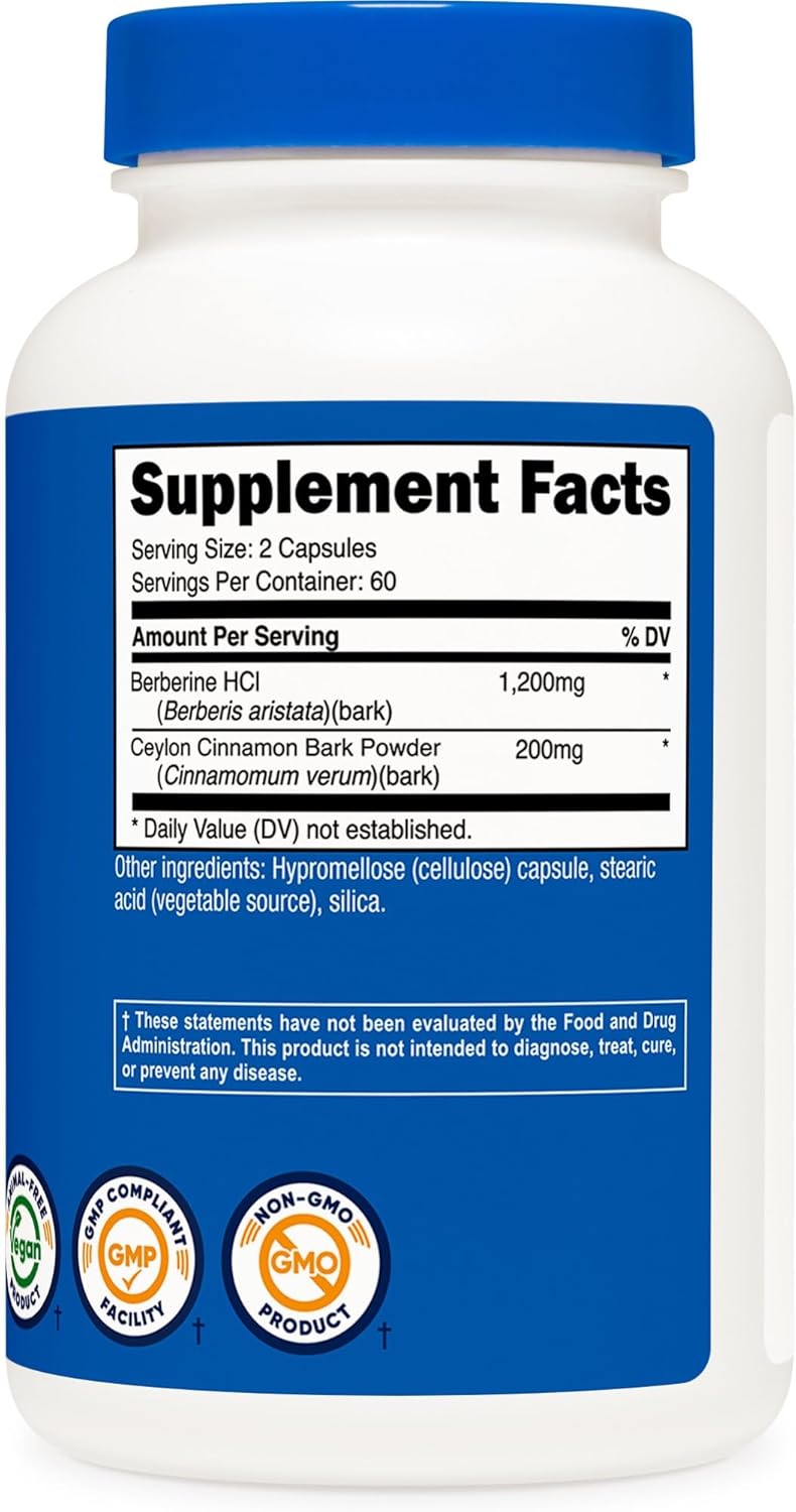 120 Capsules of Nutricost Berberine HCI with Ceylon Cinnamon - Non-GMO, Animal-Free Formula