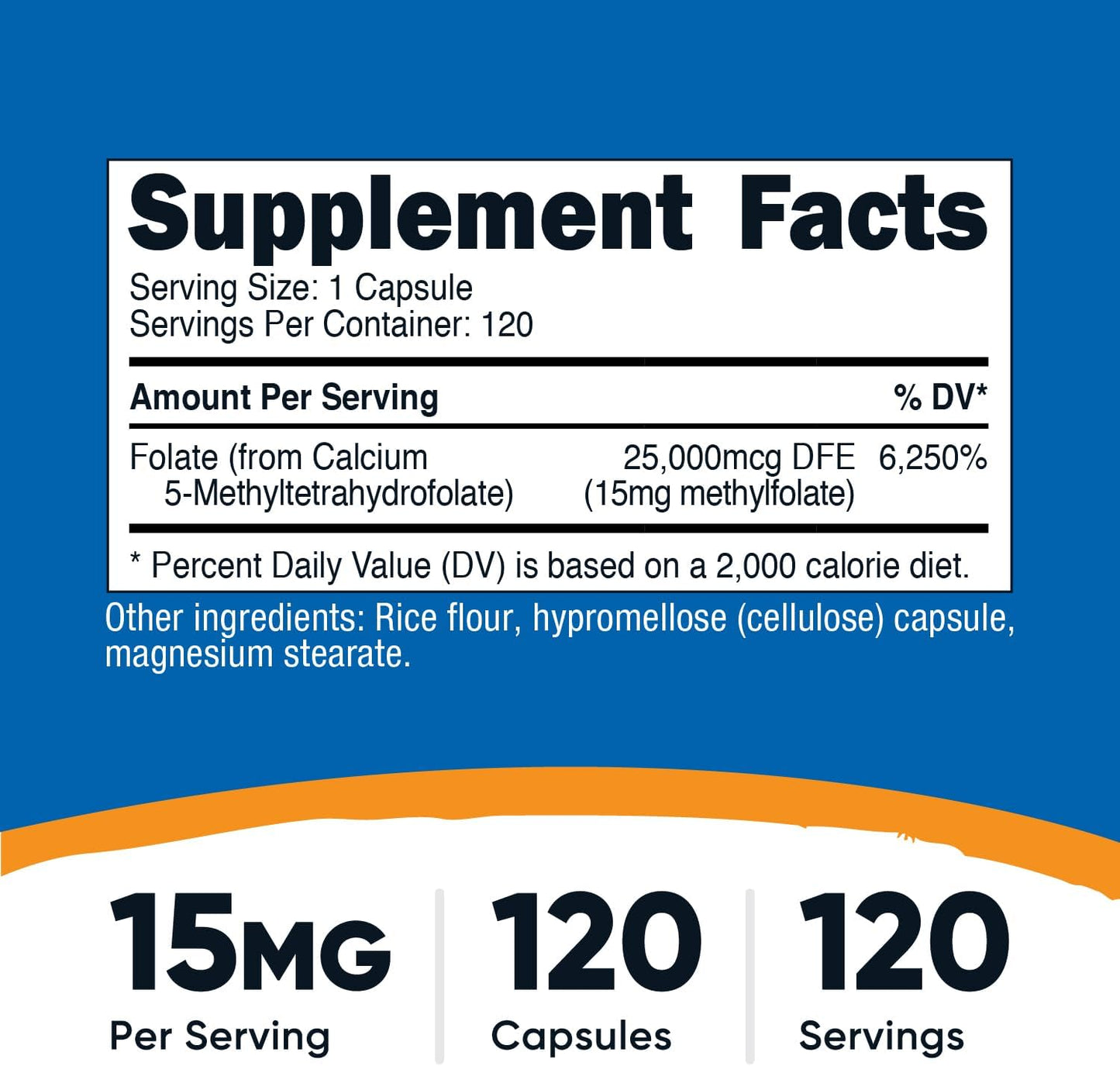 120 Capsules of Nutricost L-Methylfolate 15mg - Vegan, Non-GMO, Gluten Free (5-MTHF)