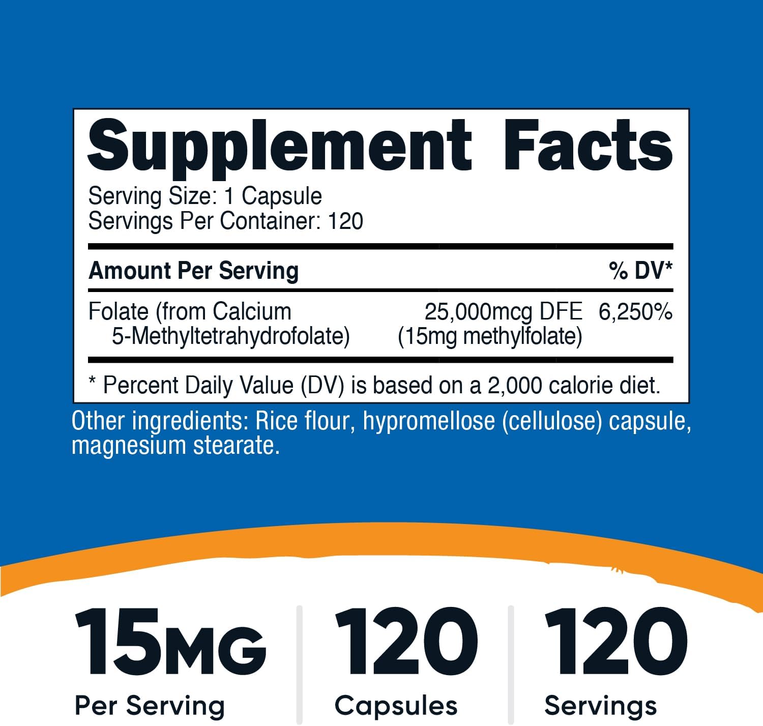 120 Capsules of Nutricost L-Methylfolate 15mg - Vegan, Non-GMO, Gluten Free (5-MTHF)