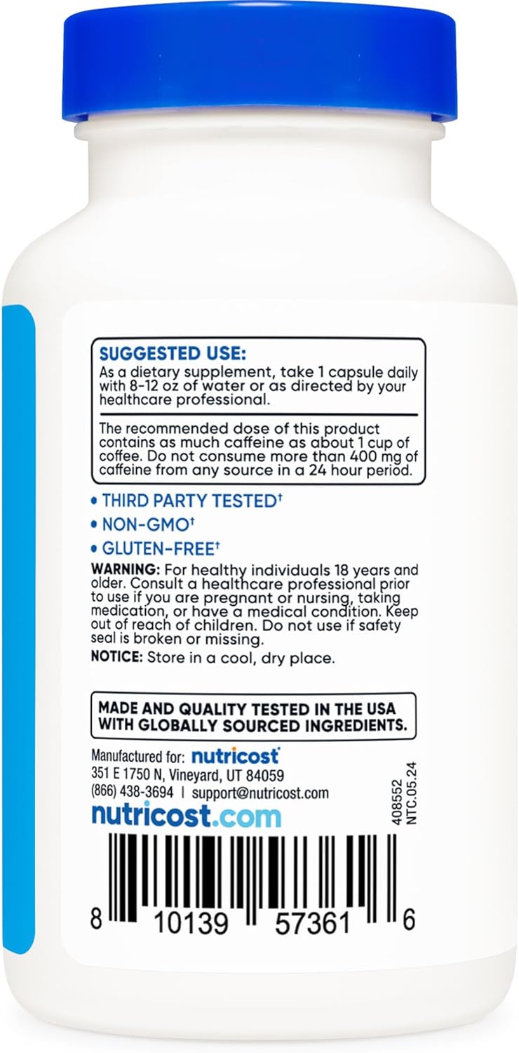 120 Capsules of Nutricost Natural Energy Pills Complex with 100mg Caffeine - Gluten Free and Non-GMO Formula