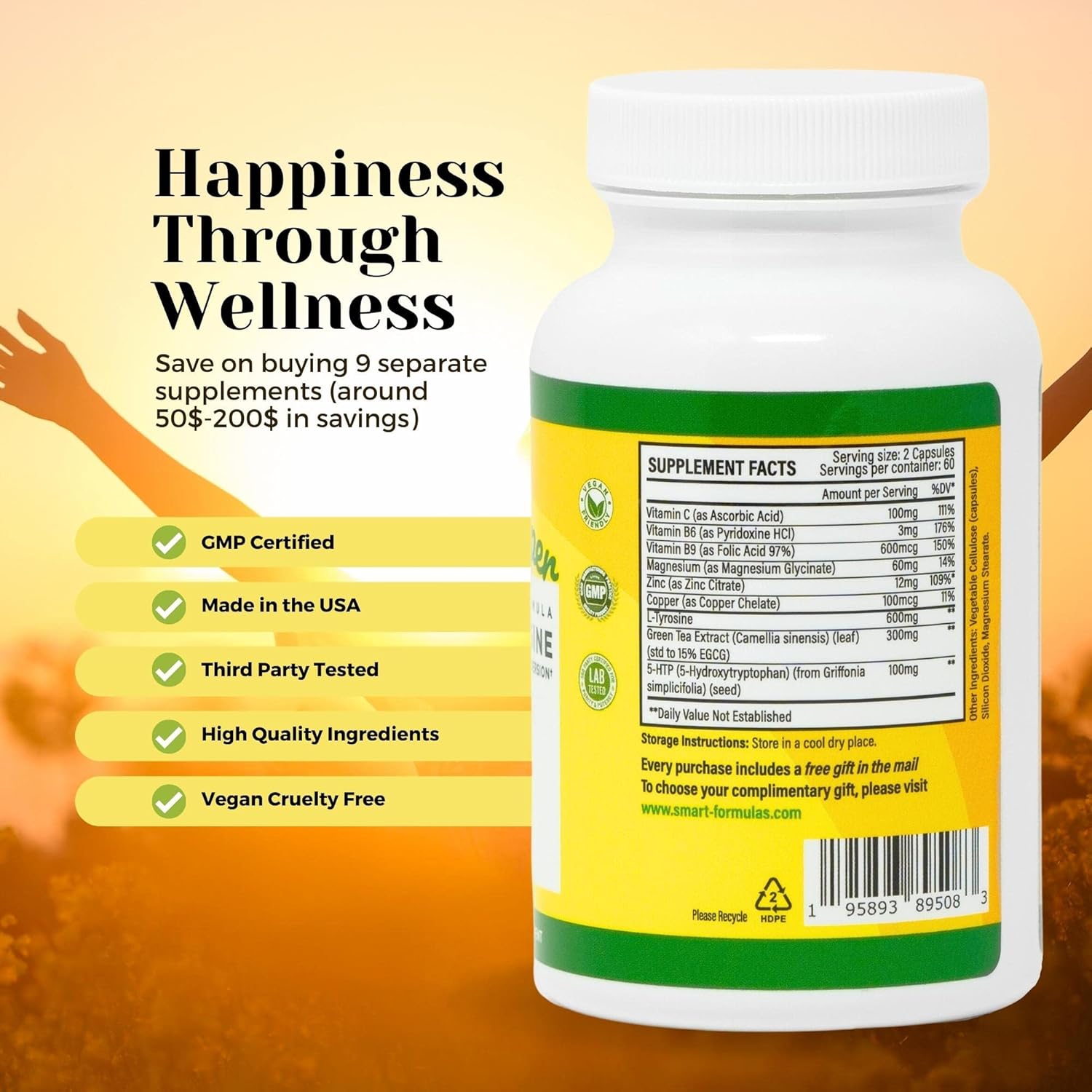 120 Capsules of Serotonin and Dopamine Boosting Smart Formulas for Happiness - Vegetarian with 5-HTP, L-Tyrosine, Magnesium, Green Tea Extract, and Essential Vitamins and Minerals