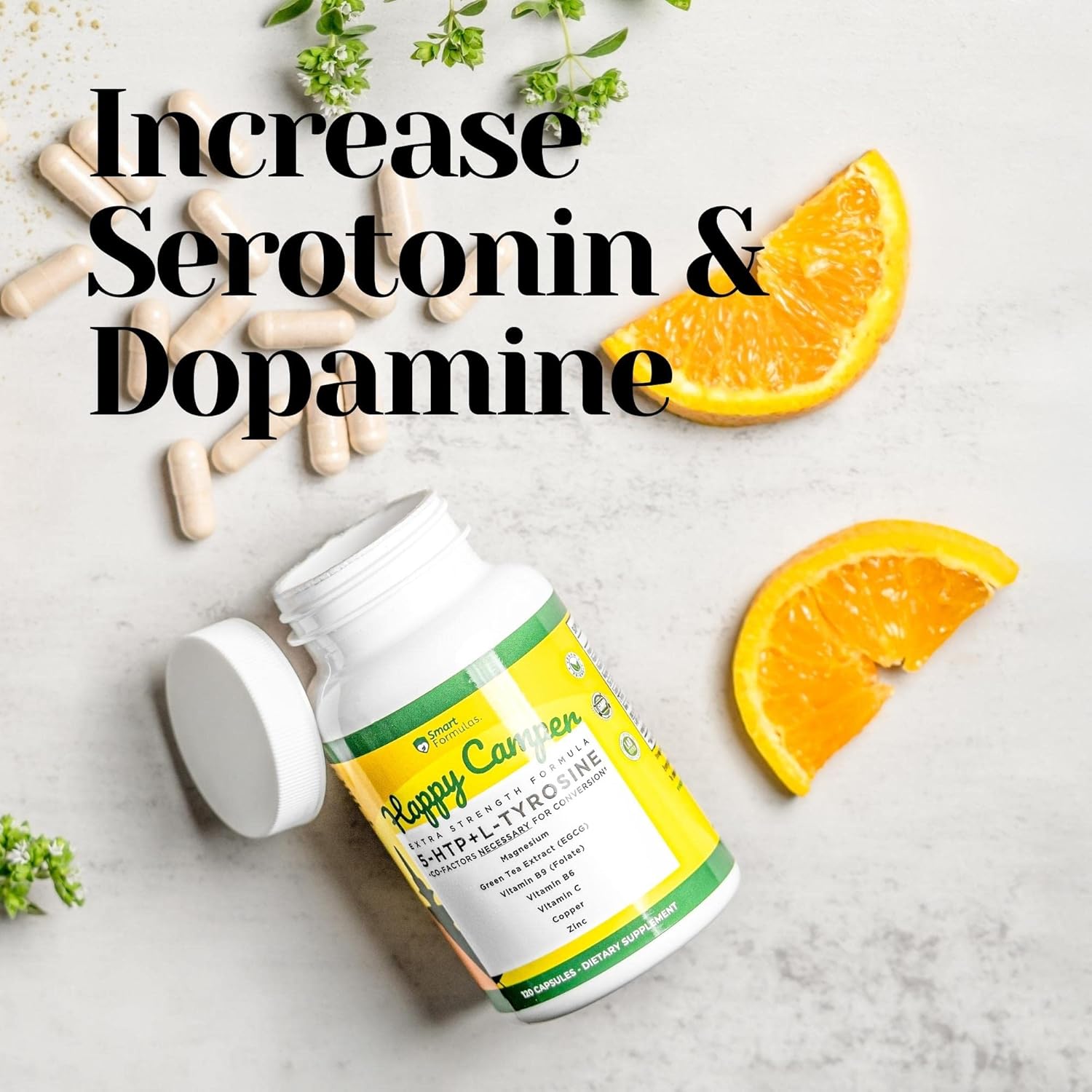 120 Capsules of Serotonin and Dopamine Boosting Smart Formulas for Happiness - Vegetarian with 5-HTP, L-Tyrosine, Magnesium, Green Tea Extract, and Essential Vitamins and Minerals