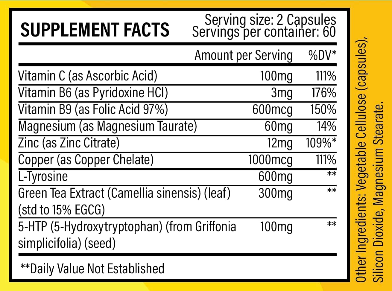 120 Capsules of Serotonin and Dopamine Boosting Smart Formulas for Happiness - Vegetarian with 5-HTP, L-Tyrosine, Magnesium, Green Tea Extract, and Essential Vitamins and Minerals