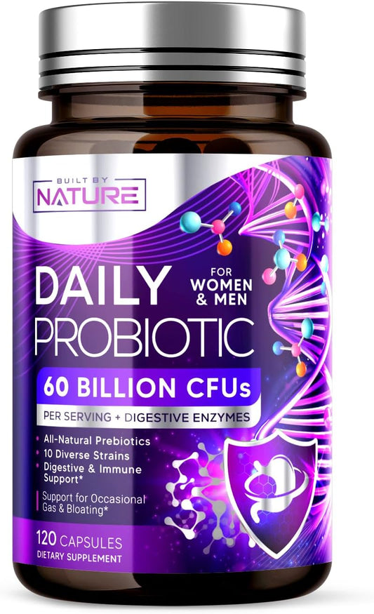 120 Capsules of Shelf Stable Probiotic with 60 Billion CFU, 10 Strains, Prebiotics, Digestive Enzymes for Men & Women - Supports Digestive & Immune Health, Reduces Gas & Bloating - Non-GMO