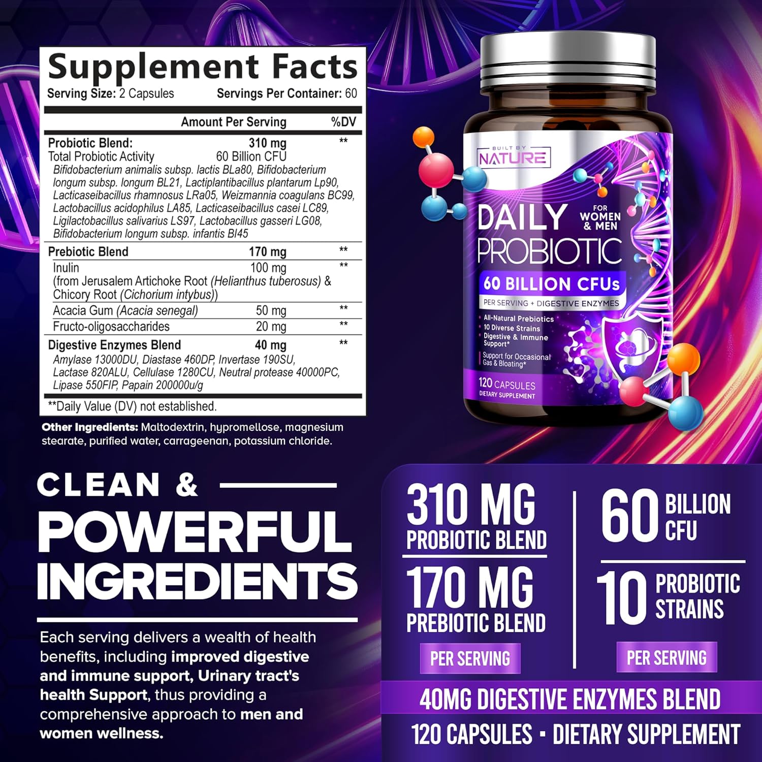 120 Capsules of Shelf Stable Probiotic with 60 Billion CFU, 10 Strains, Prebiotics, Digestive Enzymes for Men & Women - Supports Digestive & Immune Health, Reduces Gas & Bloating - Non-GMO